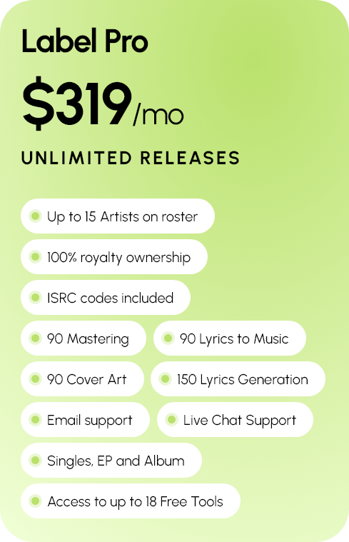 Label Pro — $319/mo, up to 15 artists, unlimited releases